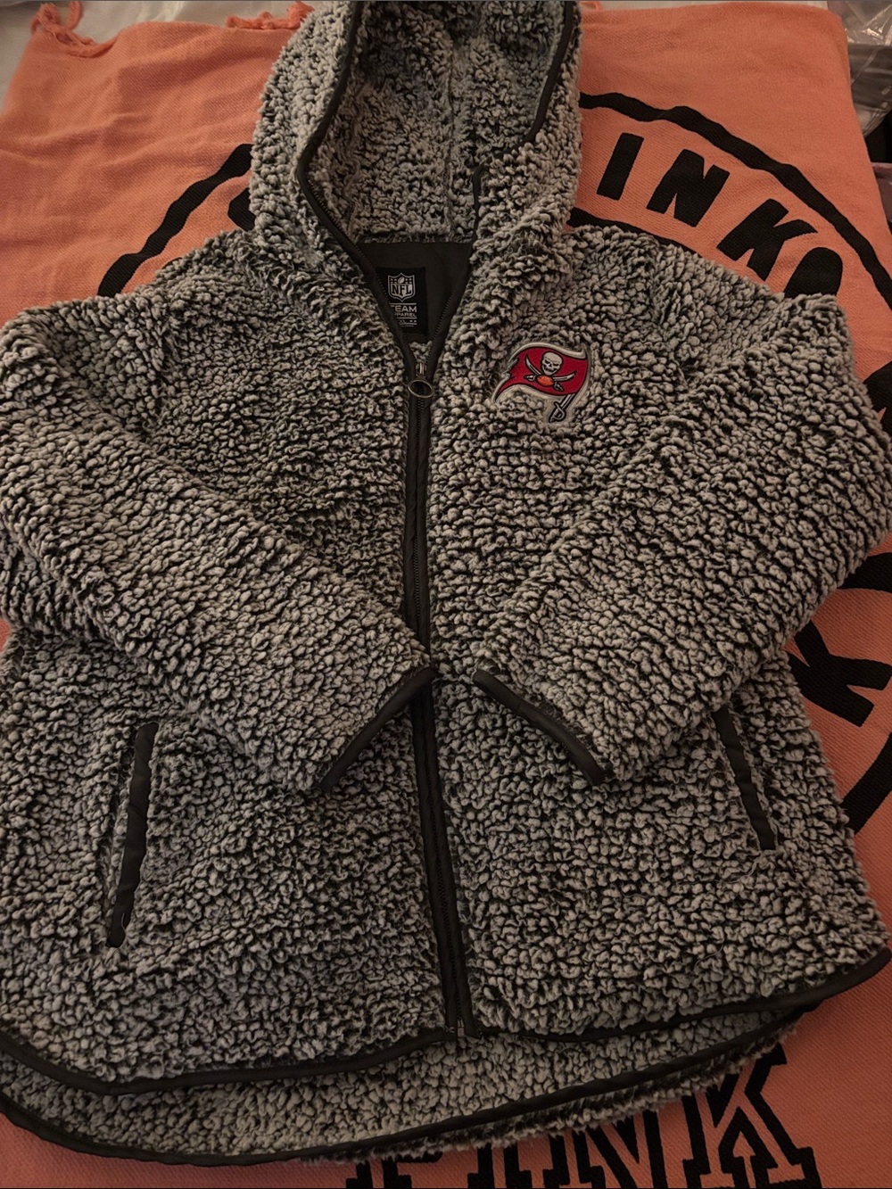 NFL Gray Sherpa Hooded Puffer with Red Buccaneers Logo